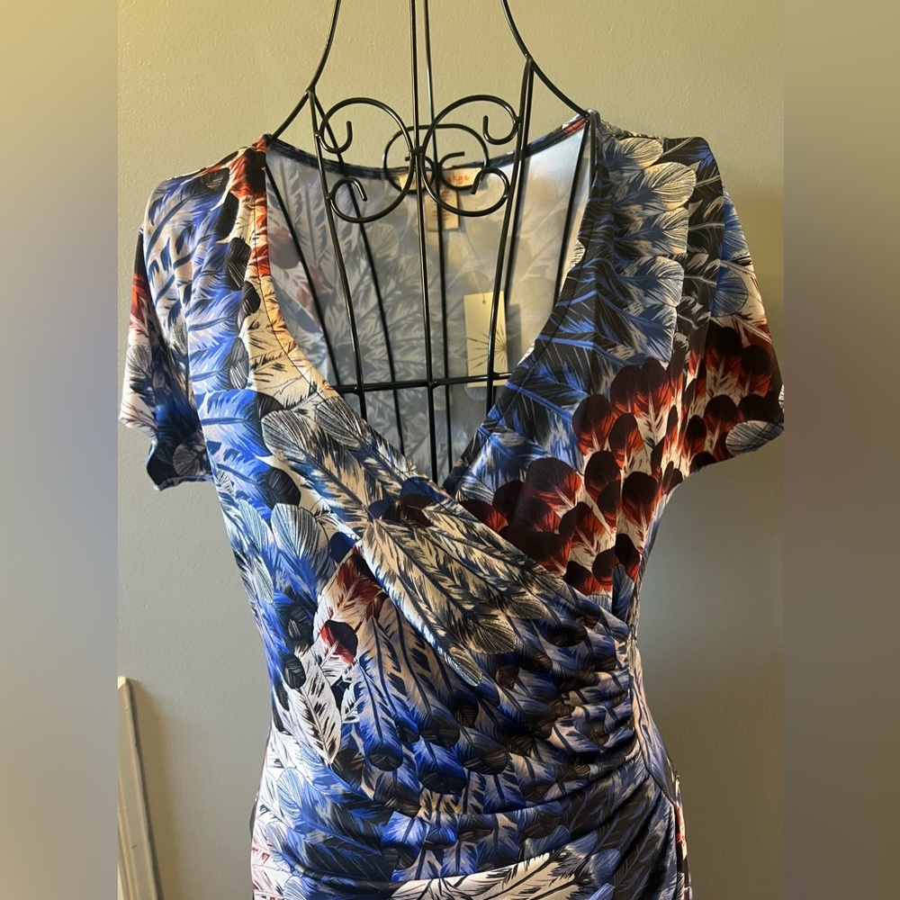 Presley Skye Blue and White Feather Ruched Summer Dress X Small - Picture 4 of 15